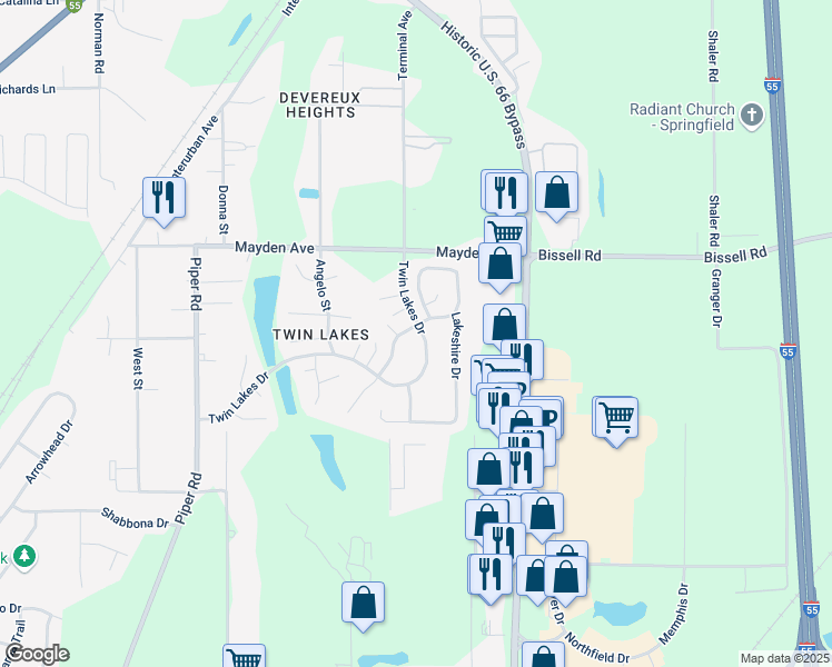 map of restaurants, bars, coffee shops, grocery stores, and more near 3071 Twin Lakes Drive in Springfield