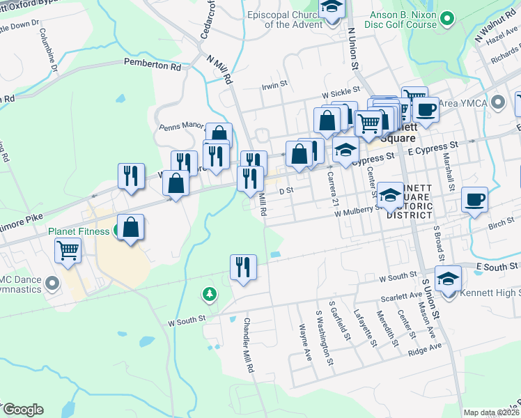 map of restaurants, bars, coffee shops, grocery stores, and more near 228 South Mill Road in Kennett Square