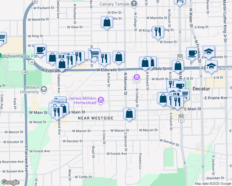 map of restaurants, bars, coffee shops, grocery stores, and more near 701 West William Street in Decatur