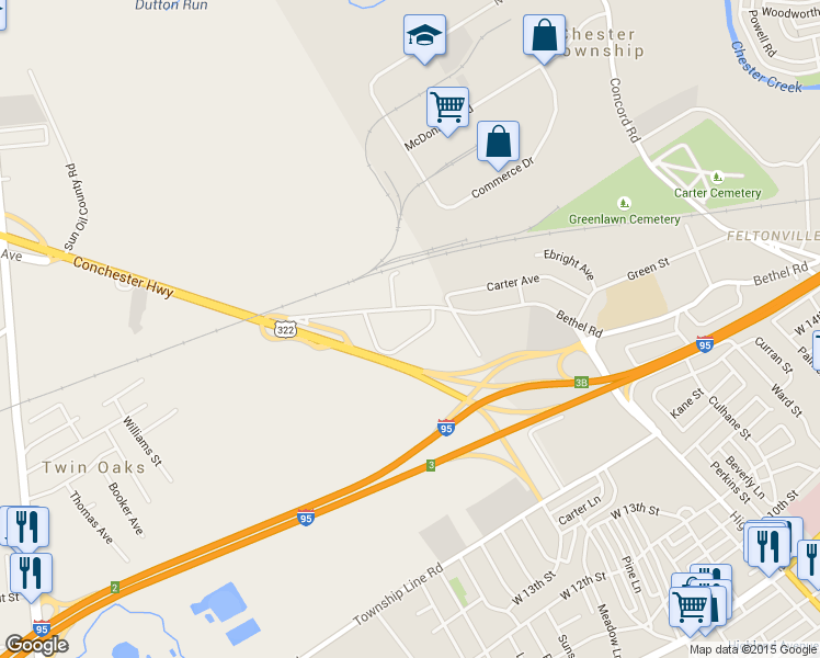 map of restaurants, bars, coffee shops, grocery stores, and more near 1028 Excelsior Drive in Aston