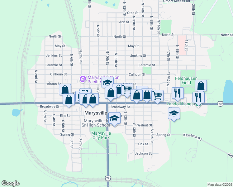 map of restaurants, bars, coffee shops, grocery stores, and more near 1099 Carolina Street in Marysville