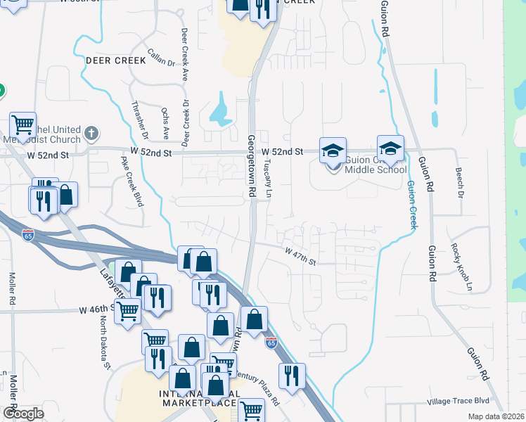 map of restaurants, bars, coffee shops, grocery stores, and more near 4932 Tuscany Lane in Indianapolis
