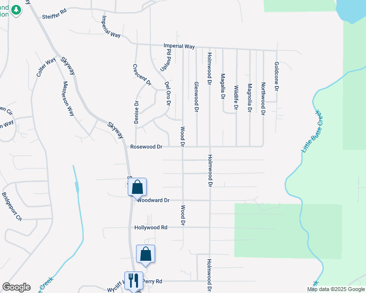 map of restaurants, bars, coffee shops, grocery stores, and more near Wood Drive & Rosewood Drive in Magalia
