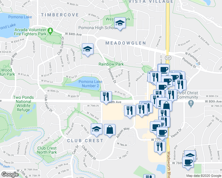 map of restaurants, bars, coffee shops, grocery stores, and more near 8245 West 81st Drive in Arvada