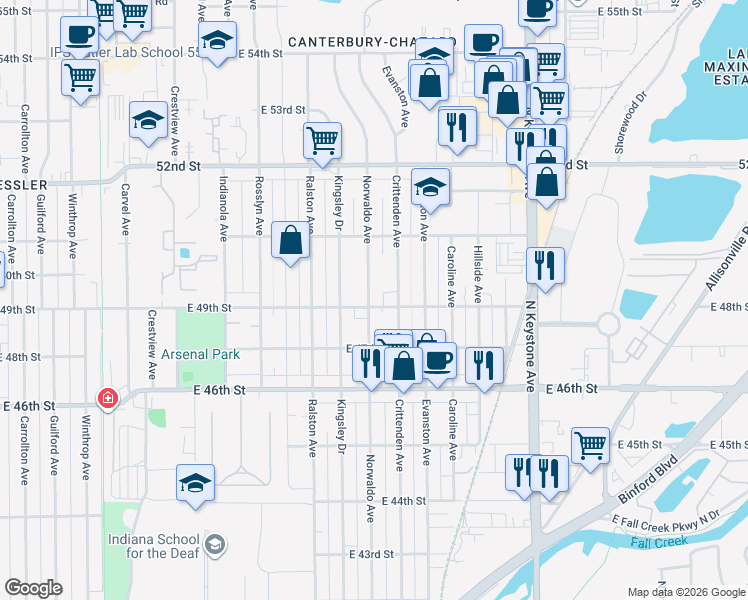 map of restaurants, bars, coffee shops, grocery stores, and more near 4901 Norwaldo Avenue in Indianapolis