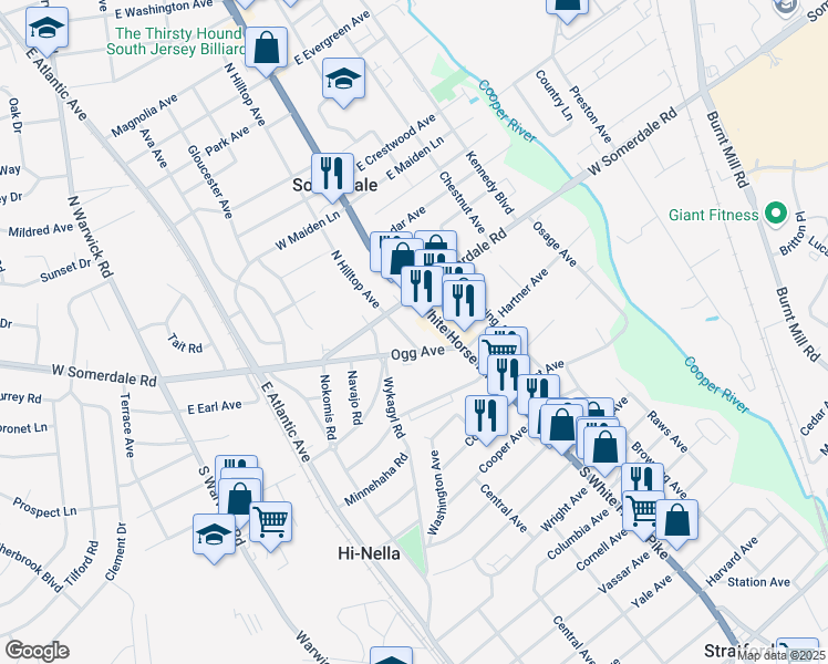 map of restaurants, bars, coffee shops, grocery stores, and more near 30 South Hilltop Avenue in Somerdale