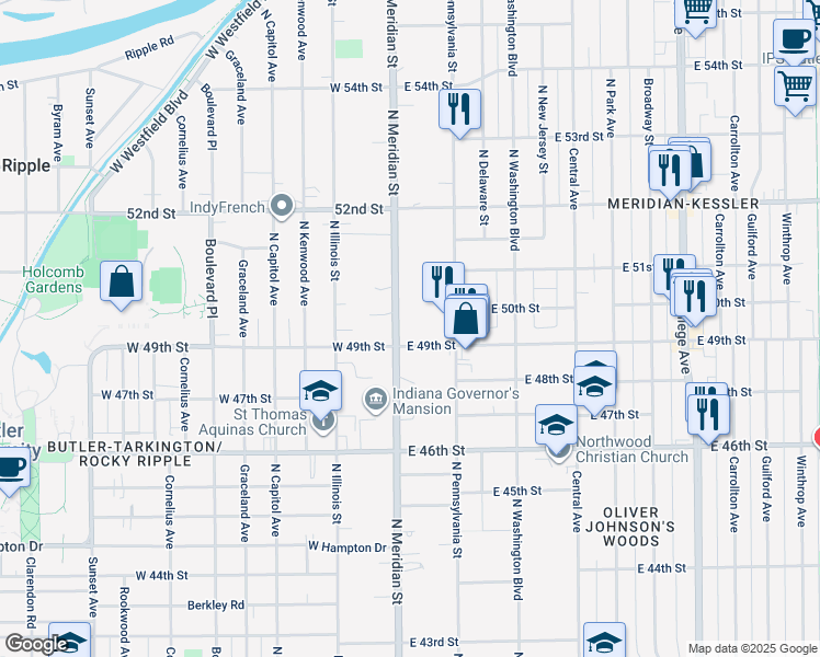 map of restaurants, bars, coffee shops, grocery stores, and more near 4909 North Meridian Street in Indianapolis