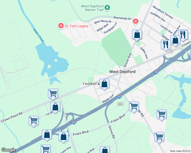 map of restaurants, bars, coffee shops, grocery stores, and more near 45 Jobstown Road in West Deptford