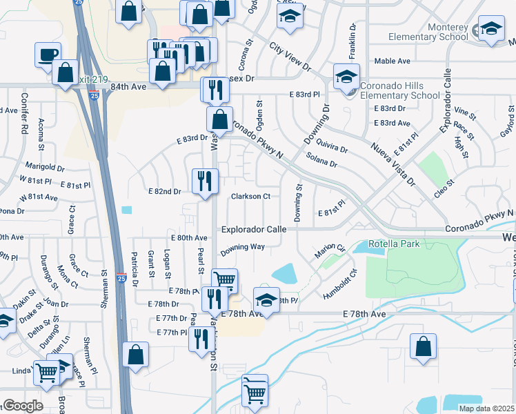 map of restaurants, bars, coffee shops, grocery stores, and more near 8070 Ogden Street in Denver
