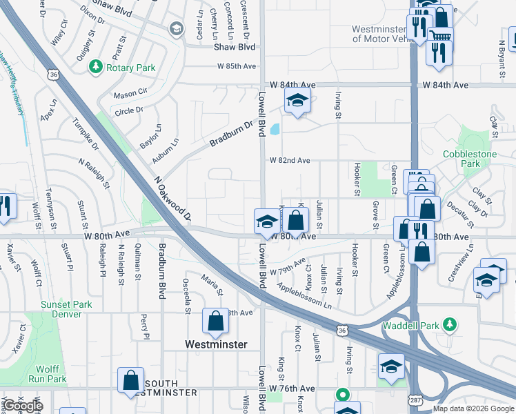 map of restaurants, bars, coffee shops, grocery stores, and more near 8061 Lowell Boulevard in Westminster