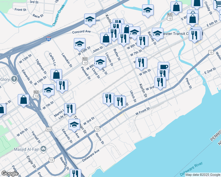 map of restaurants, bars, coffee shops, grocery stores, and more near 1018 West 5th Street in Chester