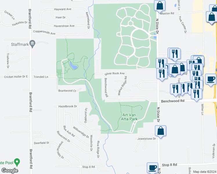 map of restaurants, bars, coffee shops, grocery stores, and more near 3000 Cedar Cliff Circle in Dayton