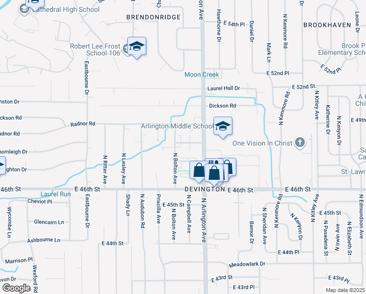 map of restaurants, bars, coffee shops, grocery stores, and more near 5909 Devington Road in Indianapolis