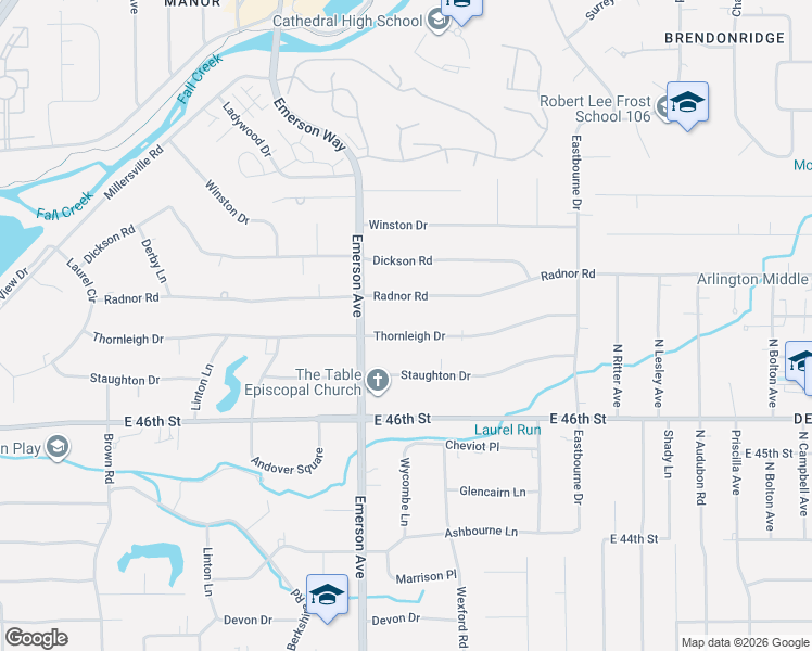 map of restaurants, bars, coffee shops, grocery stores, and more near 5118 Thornleigh Drive in Indianapolis