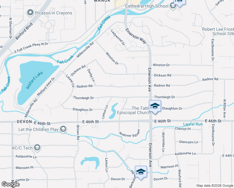 map of restaurants, bars, coffee shops, grocery stores, and more near 4610 Thornleigh Drive in Indianapolis