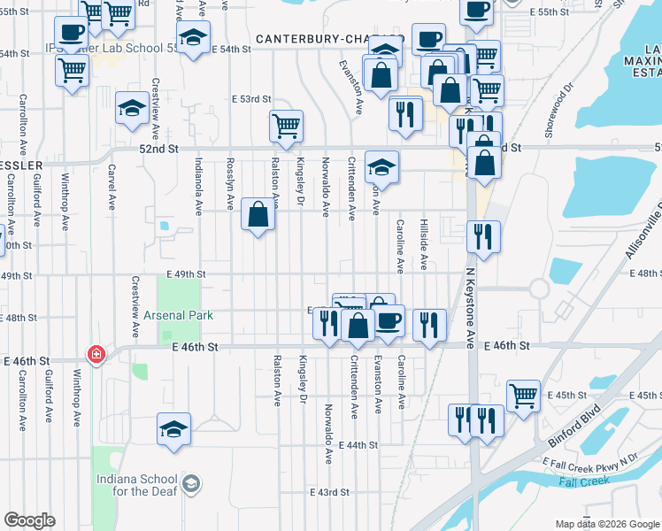 map of restaurants, bars, coffee shops, grocery stores, and more near 4901 Norwaldo Avenue in Indianapolis