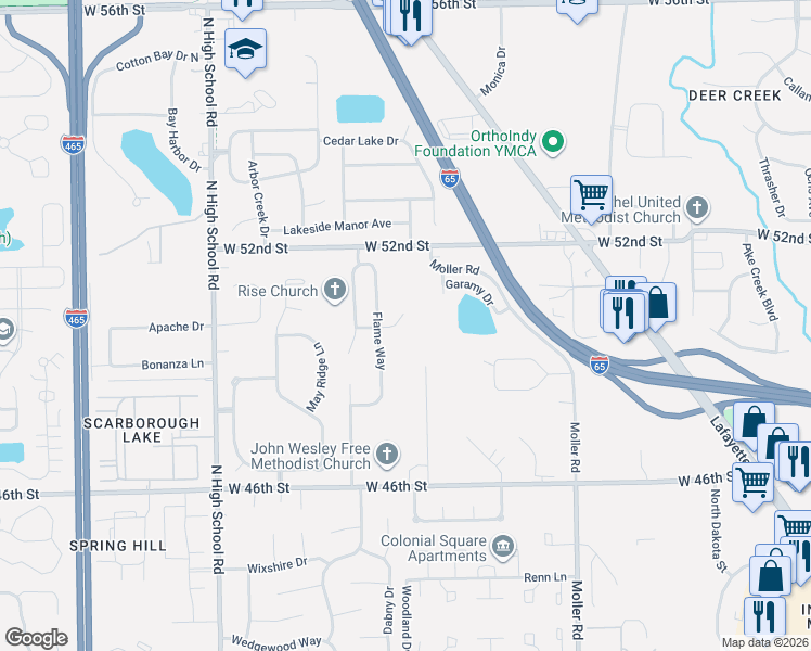 map of restaurants, bars, coffee shops, grocery stores, and more near 5831 Costino Lane in Indianapolis