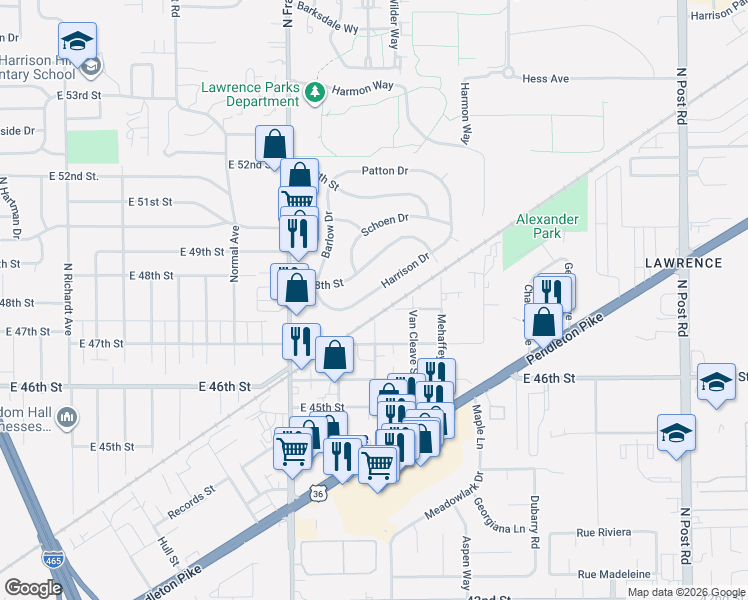 map of restaurants, bars, coffee shops, grocery stores, and more near 8143 Harrison Drive in Lawrence
