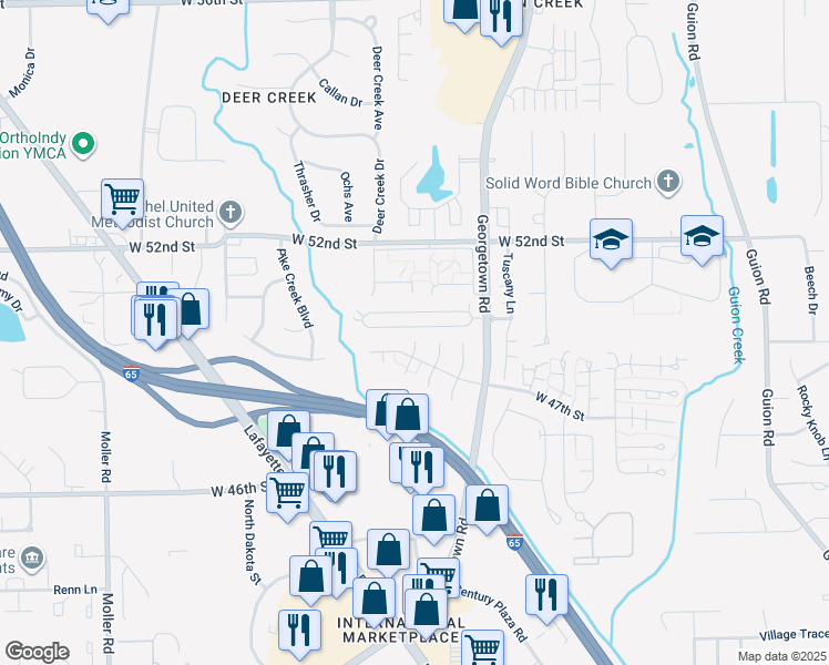 map of restaurants, bars, coffee shops, grocery stores, and more near 4959 Lewiston Drive in Indianapolis