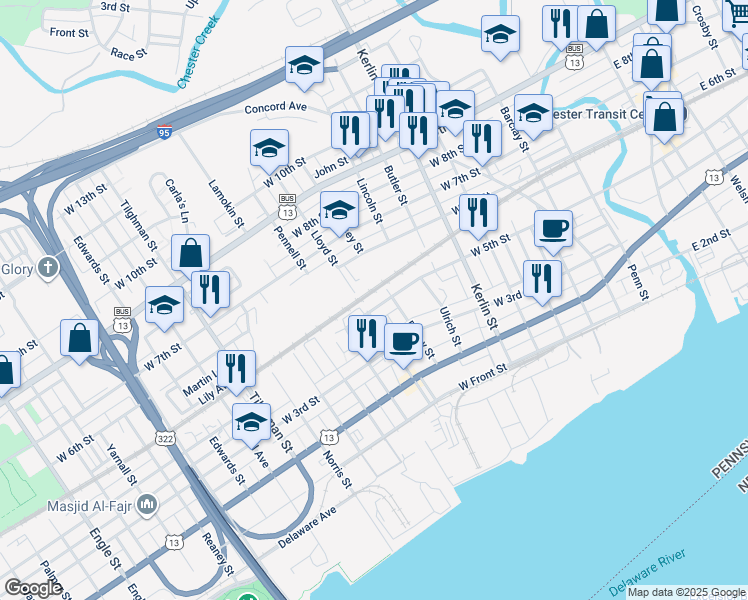 map of restaurants, bars, coffee shops, grocery stores, and more near 1018 West 5th Street in Chester
