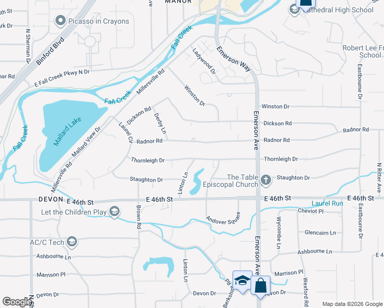 map of restaurants, bars, coffee shops, grocery stores, and more near 4526 Thornleigh Drive in Indianapolis