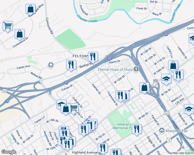 map of restaurants, bars, coffee shops, grocery stores, and more near 1338 Townsend Street in Chester