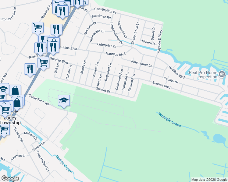 map of restaurants, bars, coffee shops, grocery stores, and more near 213 Sunset Drive in Lacey Township