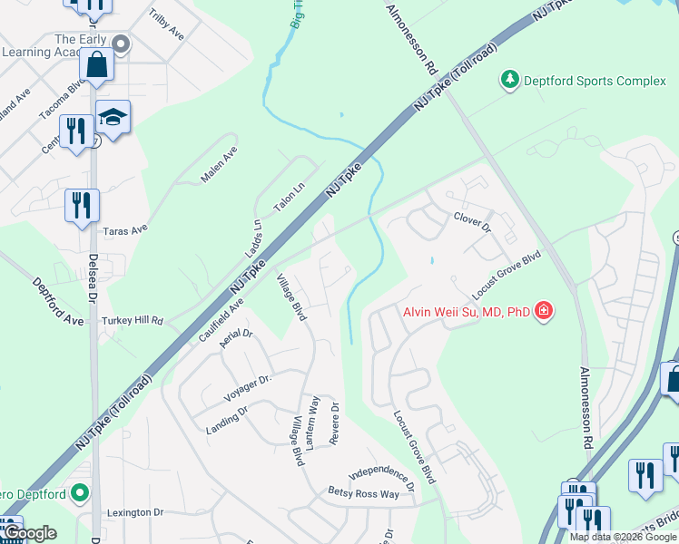 map of restaurants, bars, coffee shops, grocery stores, and more near 418 Dogwood Drive in Deptford