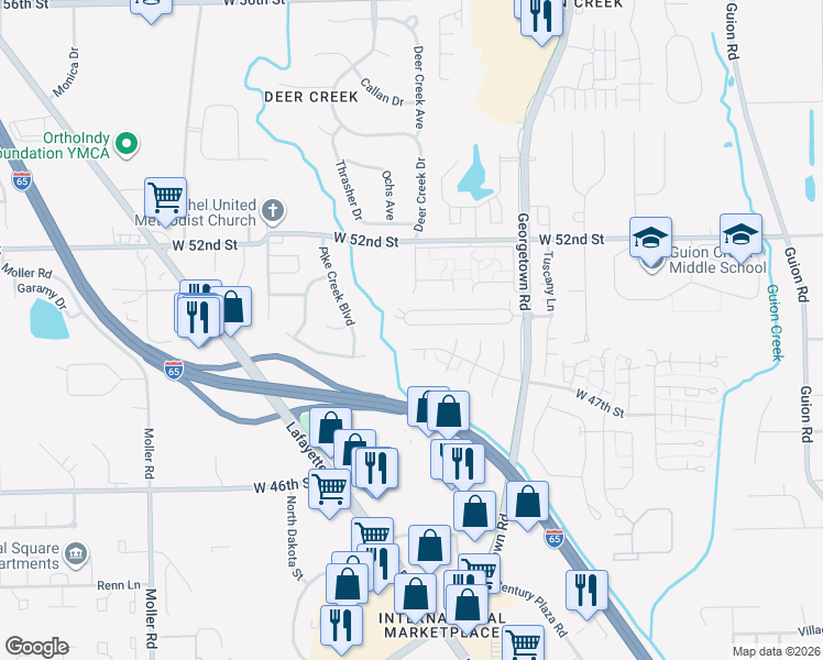 map of restaurants, bars, coffee shops, grocery stores, and more near 5023 Lewiston Drive in Indianapolis