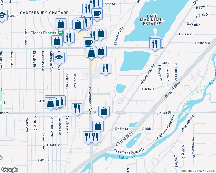 map of restaurants, bars, coffee shops, grocery stores, and more near 4720 Pennwood Drive in Indianapolis
