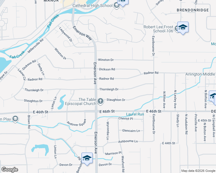 map of restaurants, bars, coffee shops, grocery stores, and more near 5118 Thornleigh Drive in Indianapolis