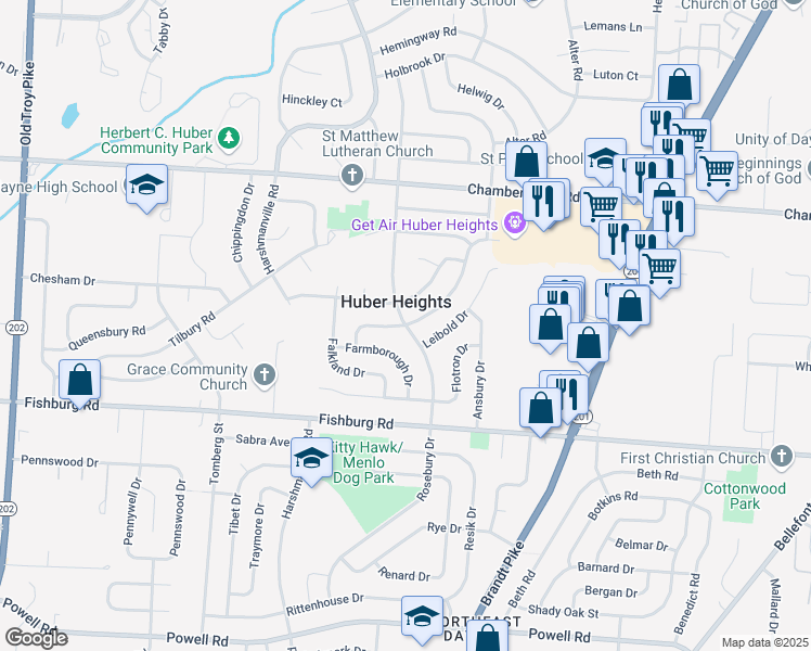 map of restaurants, bars, coffee shops, grocery stores, and more near Rosebury Drive in Huber Heights