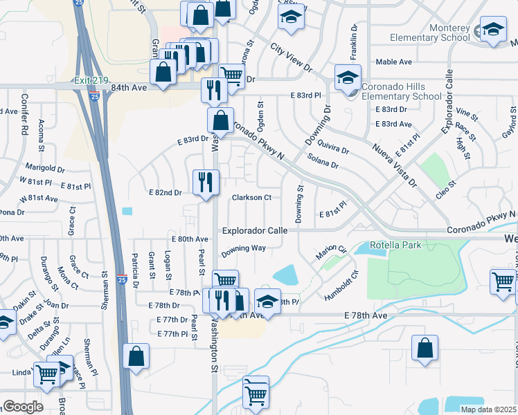 map of restaurants, bars, coffee shops, grocery stores, and more near 8070 Ogden Street in Denver