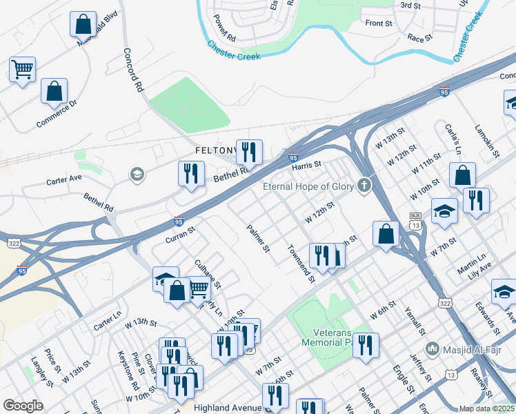 map of restaurants, bars, coffee shops, grocery stores, and more near 1338 Townsend Street in Chester