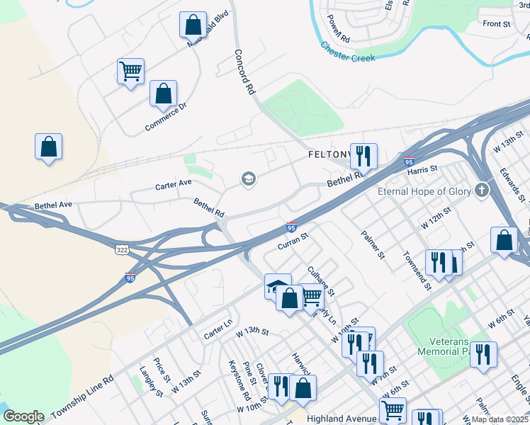 map of restaurants, bars, coffee shops, grocery stores, and more near 2719 Bethel Road in Chester