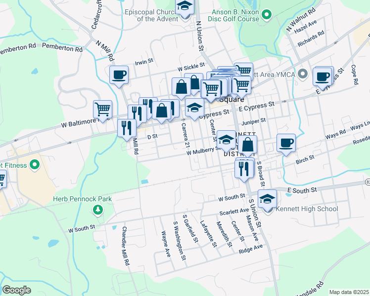 map of restaurants, bars, coffee shops, grocery stores, and more near 312 Lafayette Street in Kennett Square
