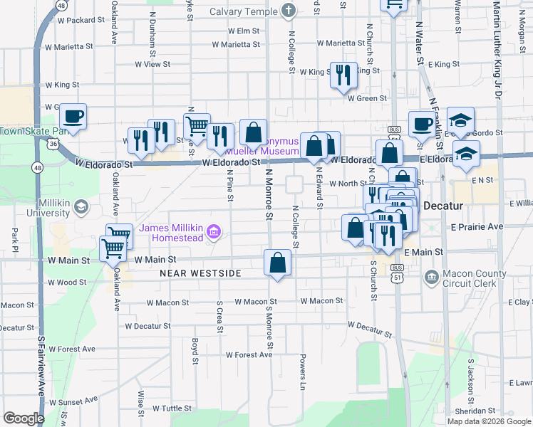 map of restaurants, bars, coffee shops, grocery stores, and more near 250-298 North Monroe Street in Decatur