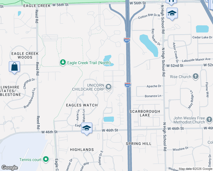 map of restaurants, bars, coffee shops, grocery stores, and more near 5018 Pembridge Drive in Indianapolis