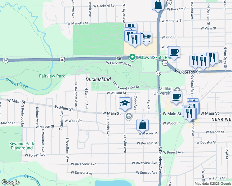 map of restaurants, bars, coffee shops, grocery stores, and more near 1543 West William Street in Decatur