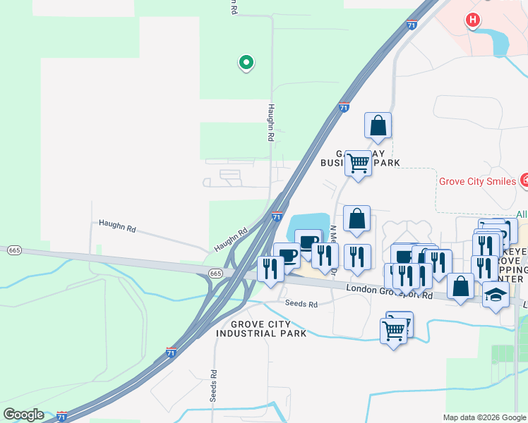 map of restaurants, bars, coffee shops, grocery stores, and more near 5957 Haughn Road in Grove City