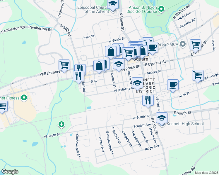 map of restaurants, bars, coffee shops, grocery stores, and more near 418 Magnolia Street in Kennett Square