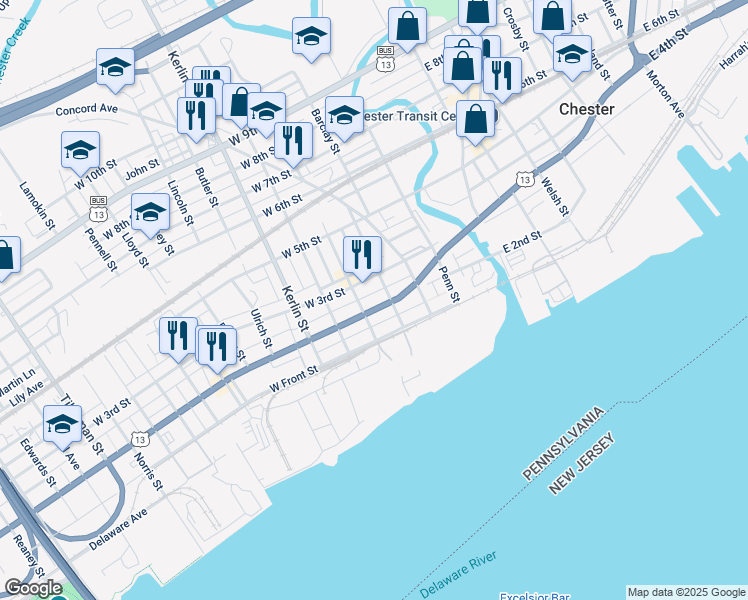 map of restaurants, bars, coffee shops, grocery stores, and more near 414 West 2nd Street in Chester