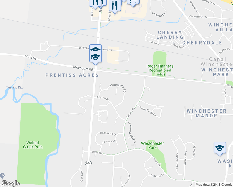 map of restaurants, bars, coffee shops, grocery stores, and more near 6773 Eddleston Court in Canal Winchester