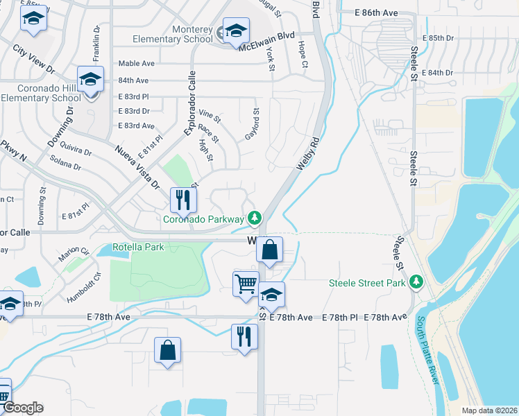 map of restaurants, bars, coffee shops, grocery stores, and more near 2274 Coronado Parkway North in Thornton