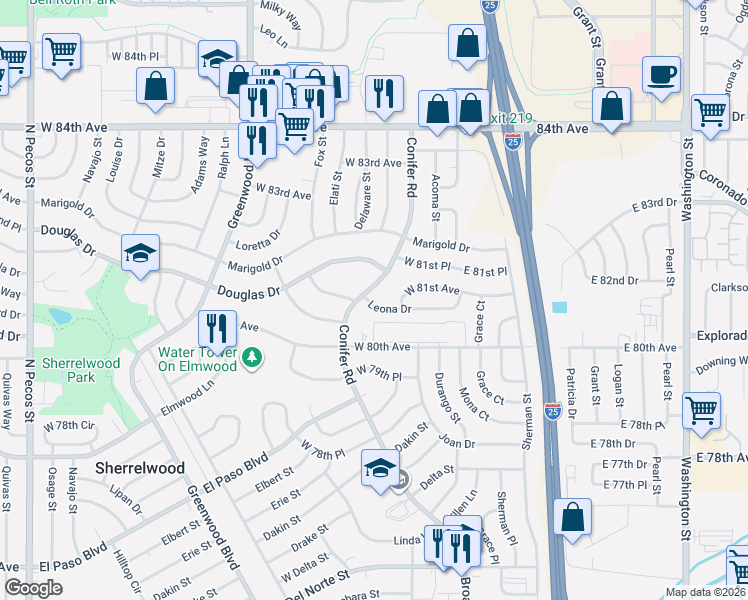 map of restaurants, bars, coffee shops, grocery stores, and more near 284 Leona Drive in Denver