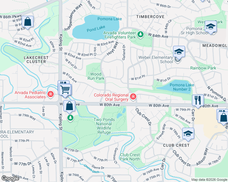 map of restaurants, bars, coffee shops, grocery stores, and more near 8070 Holland Court in Arvada