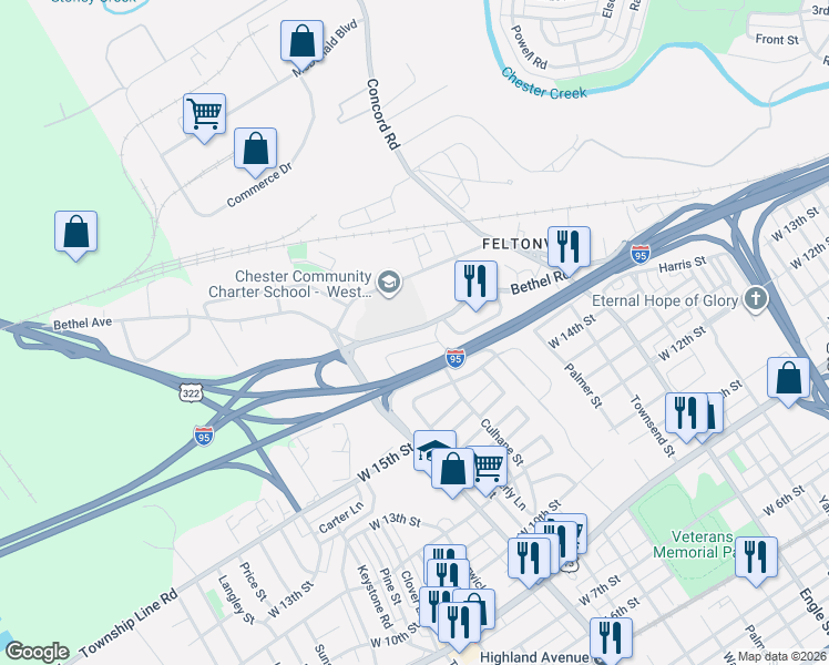 map of restaurants, bars, coffee shops, grocery stores, and more near 2726 Lehman Street in Chester