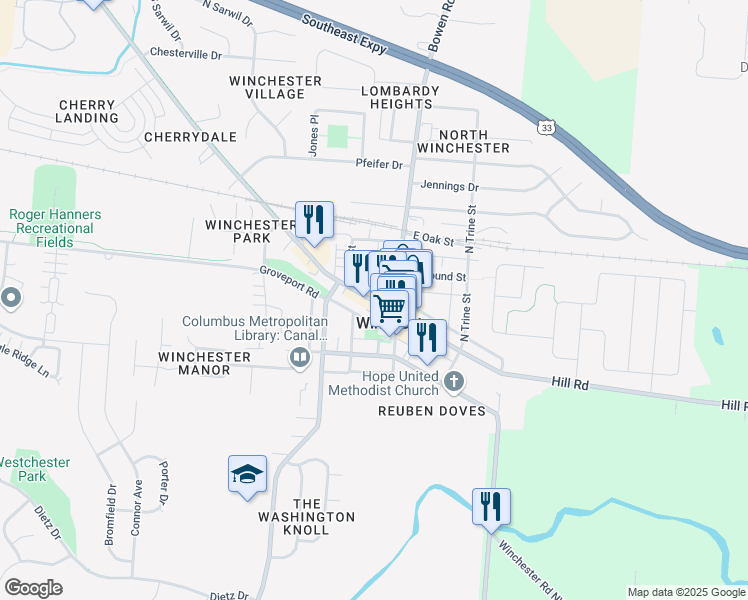 map of restaurants, bars, coffee shops, grocery stores, and more near in Canal Winchester
