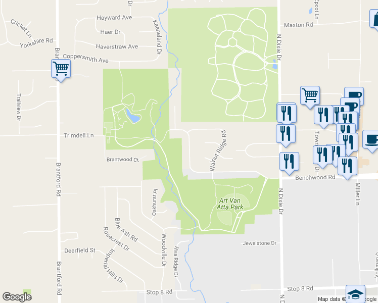map of restaurants, bars, coffee shops, grocery stores, and more near 3026 Benchwood Road in Dayton