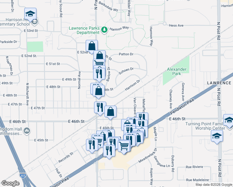 map of restaurants, bars, coffee shops, grocery stores, and more near 8104 Harrison Drive in Lawrence